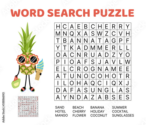 Tropical word search game puzzle for kids. Holiday, beach, fruits. English words. Vector