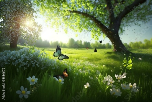 Sunny green landscape with butterflys flygin around, spring or summer morning. Created using generative AI.