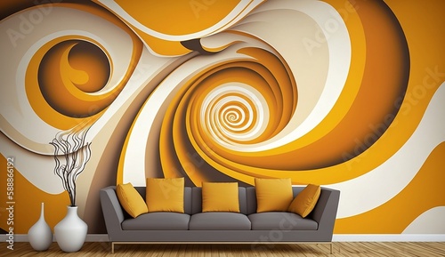 Orange/white wallpaper background, living room with awesome wallpaint. Created using generative AI.