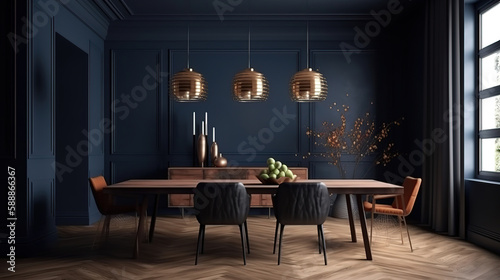 Home mockup, modern dark blue dining room interior with brown leather chairs. Generative Ai