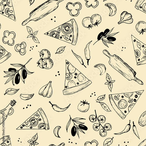 Line art hand drawn seamless pattern with pizza slices, garlic, pepper, tomatoes, olives in black lines on orange backdrop. Minimalistic simple fast food background