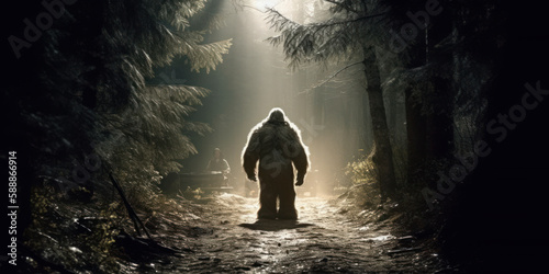 Observation of a bigfoot on a wooded road. Generative AI