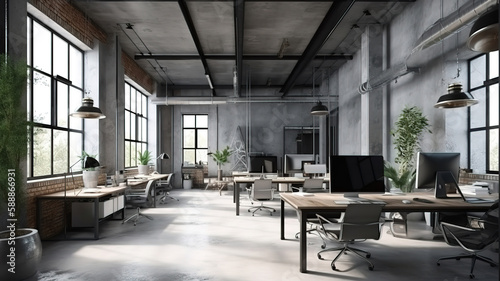 Modern office interior in loft, industrial style. Generative Ai © hassanmim2021