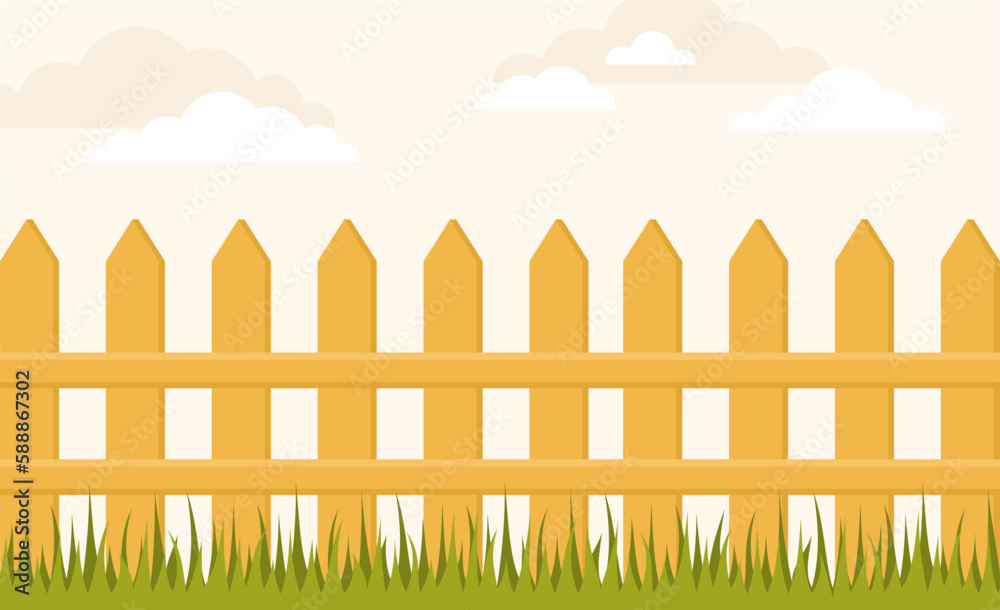 Yellow wooden fence with green grass on a beige background with clouds. Flat vector illustration Yellow wooden fence with green grass on a beige background with clouds. Flat vector illustration