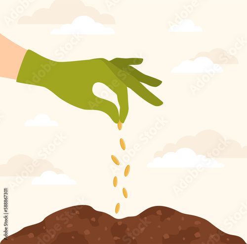A hand in a rubber glove pouring seeds into a hole in the soil. Sowing plants. Flat vector illustration