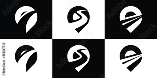 road design and location pin logo map icon vector illustration
