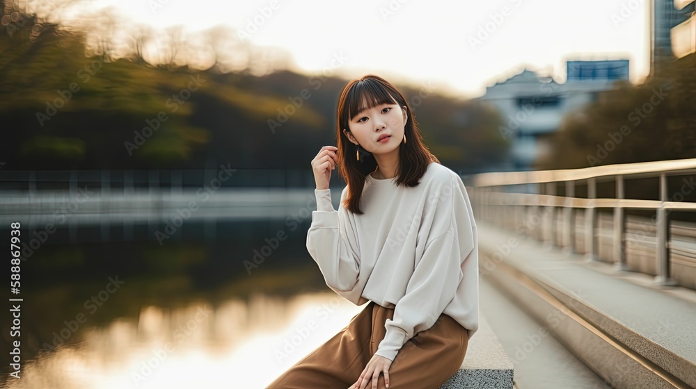 Asian woman sitting on a bridge. Japanese model in casual clothing. Generative AI illustration.