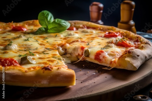 Cheesy pizza with vegetables. Generate Ai