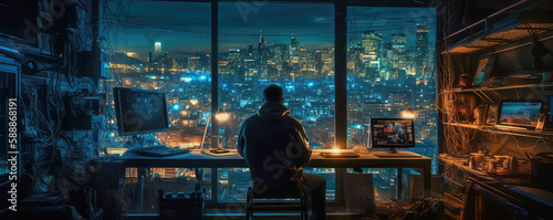 Tech nerd sits on a large desk in his chair in a tech-packed penthouse room overlooking a city skyline at night, Web Banner, Background, Generative AI photo