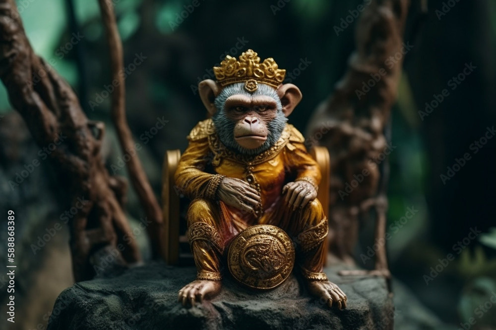 King monkey in the jungle or forest with powerful angry look. Hindu or hinduims monkey god concept representation. Dominating primate chimp character. Ai generated