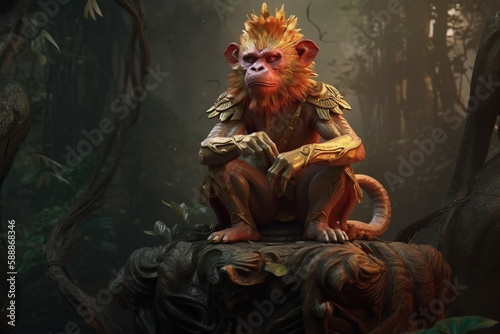 King monkey in the jungle or forest with powerful angry look. Hindu or hinduims monkey god concept representation. Dominating primate chimp character. Ai generated