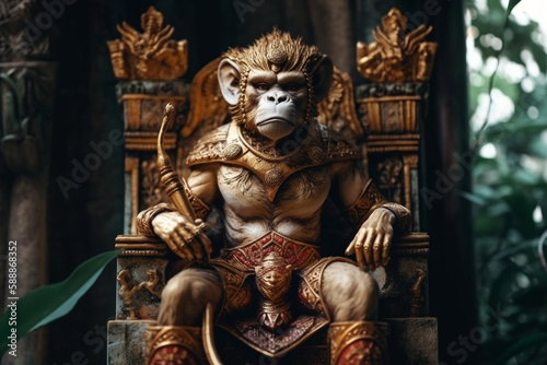 King monkey in the jungle or forest with powerful angry look. Hindu or hinduims monkey god concept representation. Dominating primate chimp character. Ai generated