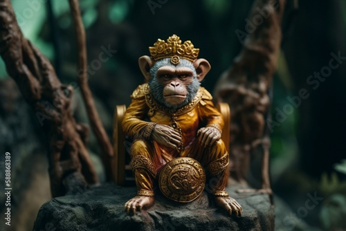 King monkey in the jungle or forest with powerful angry look. Hindu or hinduims monkey god concept representation. Dominating primate chimp character. Ai generated