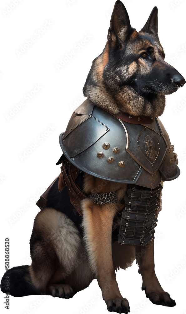 Knight German Shepherd Dog Wearing Gleaming Metal Armor, Generative AI