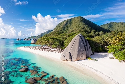 Paradise beach of a tropical island, palm trees, white sand, azure water. Famous stone beach in the Seychelles. Generative AI.