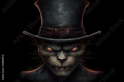 illustration of a menacing cat guy donning a top hat and smirking evilly. Generative AI