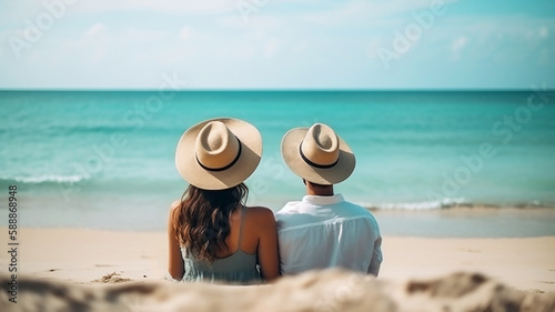 Beautiful tourist with hats sits on a tropical beach and enjoys  view, generative ai tools 

 