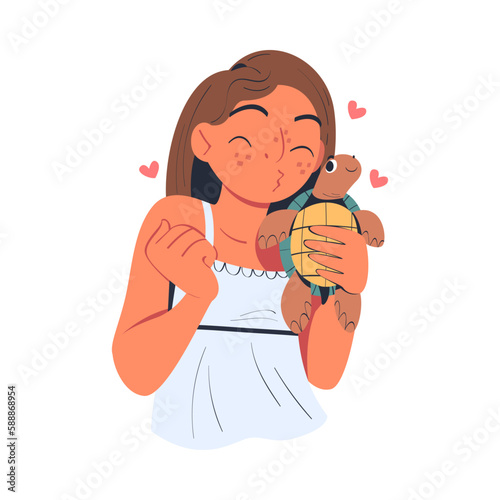 Young Woman Character Cuddling and Kissing Turtle as Her Favorite Pet Vector Illustration