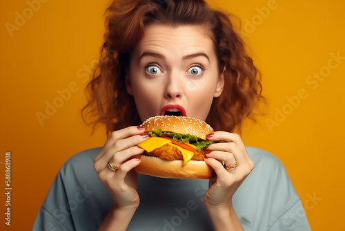portrait of a woman wanting to eat a burger  with a mouth stroke  concept of dieting  fast food  generative ai tool