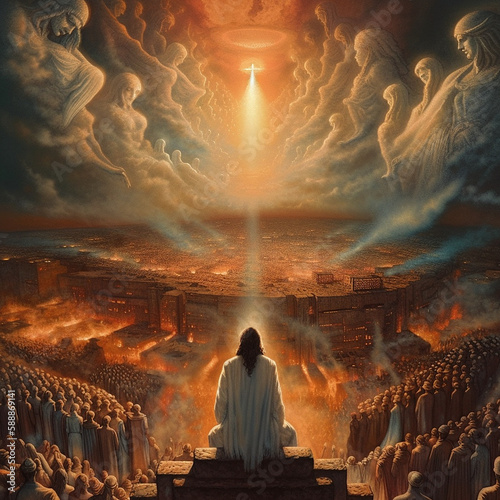 Revelation of Jesus Christ, new testament, religion of christianity, heaven and hell over the crowd of people, Jerusalem of the bible, generative AI