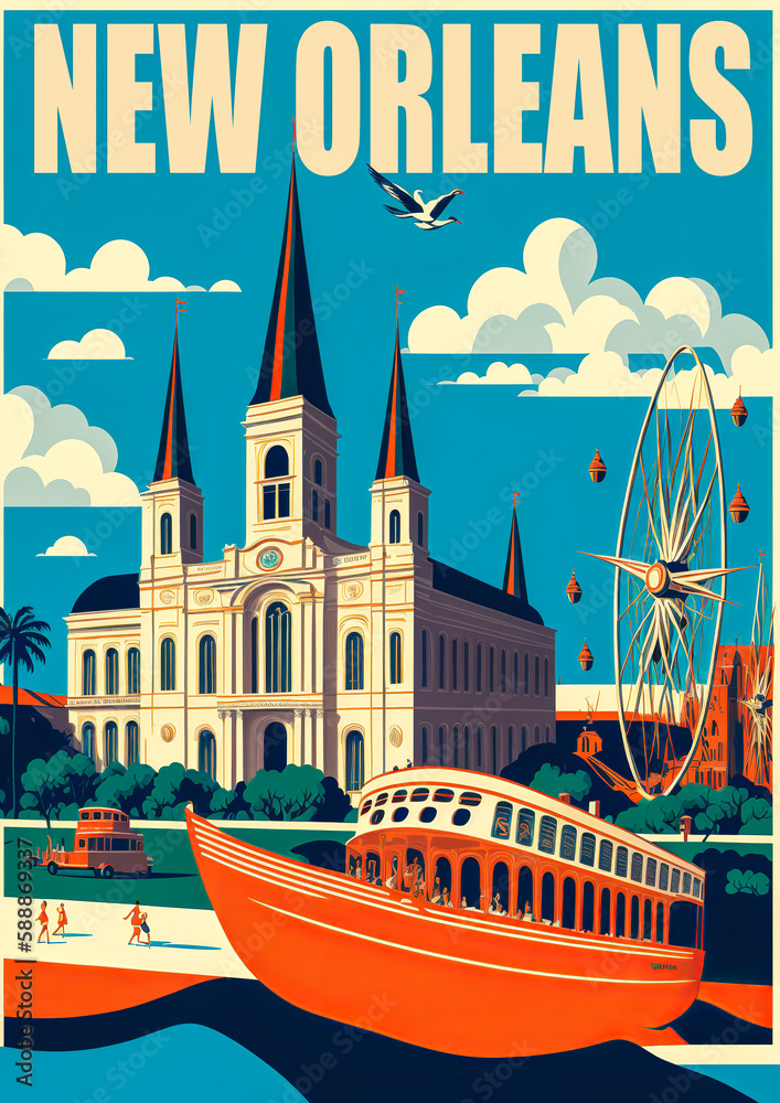 New Orleans' vintage poster with vibrant colors featuring famous monuments and a bright blue sky with white clouds. Simple yet lively design, conveying a feeling of joy. Generative AI
