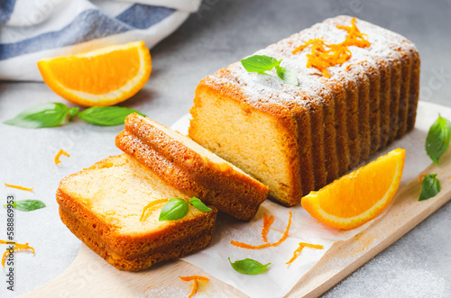 Orange Pound Cake, Moist Loaf Cake with Orange Zest on Bright Background