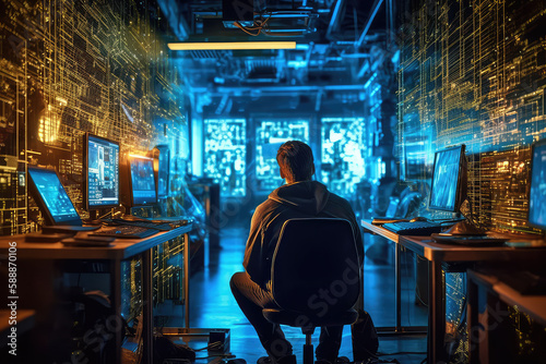 Tech nerd sits in his chair in a tech-packed technical room with PCs Screens and golden network structures on the wall, Generative AI