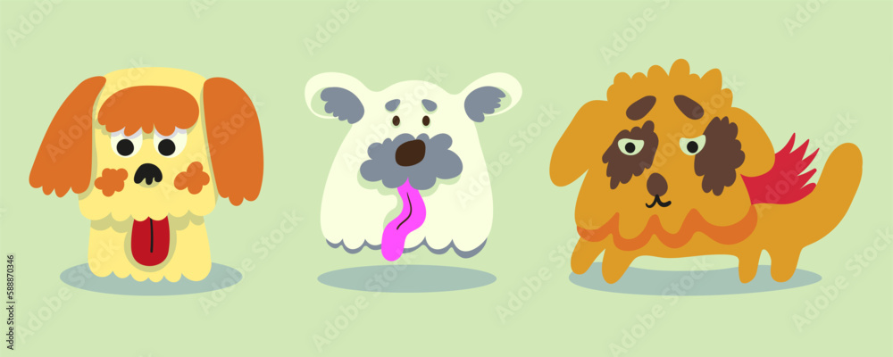 portraits of dogs in flat style.three sad dogs.a dog with his tongue hanging out.small indoor dogs.