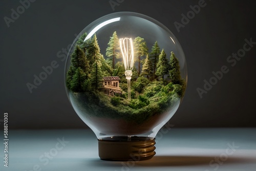 Lightbulb with forest inside. Generative AI.