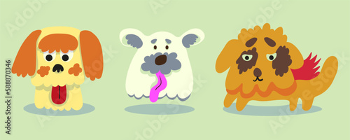 portraits of dogs in flat style.three sad dogs.a dog with his tongue hanging out.small indoor dogs.