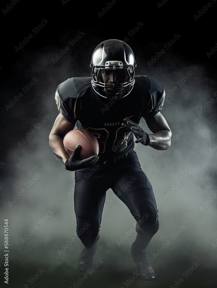 American Football Player Holding Football In Smokey Black Background
