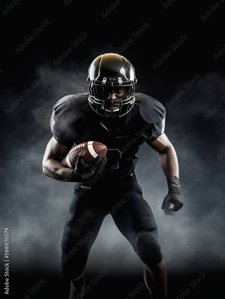 American Football Player Holding Football In Smokey Black Background
