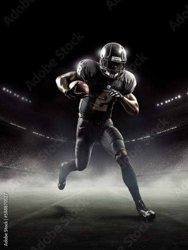 American Football Player Holding Football In Smokey Professional Stadium © Johnny