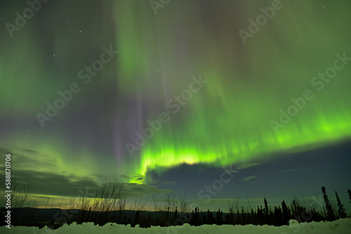 A colorful display of the aurora borealis, or northern lights, brightens a dark winter night near Fairbanks, Alaska.