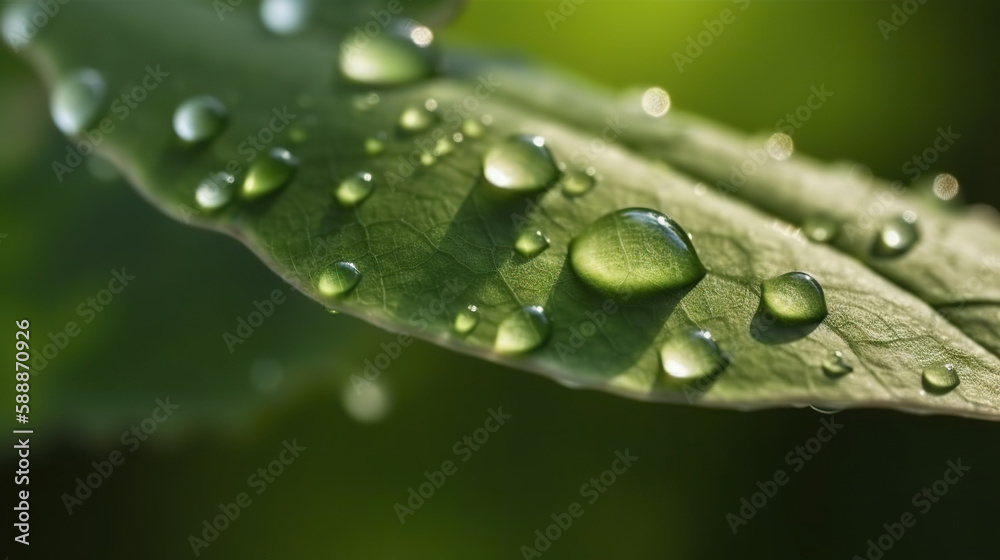 Rain water drops on green leaves on natural background. Based on Generative AI Rain water drops on green leaves on natural background. Based on Generative AI