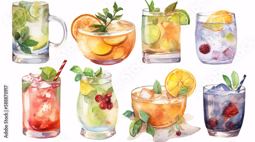 watercolor detailed illustrations of different types of cocktails made with generative ai