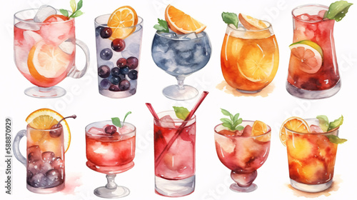 watercolor detailed illustrations of different types of cocktails made with generative ai