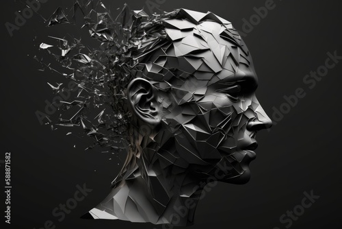 Head of a man made of polygonal fragments