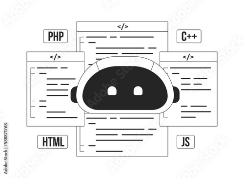 AI-assisted coding black and white concept vector spot illustration. Editable 2D flat monochrome cartoon scene for web design. Programming line art idea for website, mobile. Bebas Neue font used