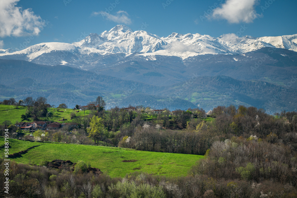 Snow capped Pyrenees seen from the foothills