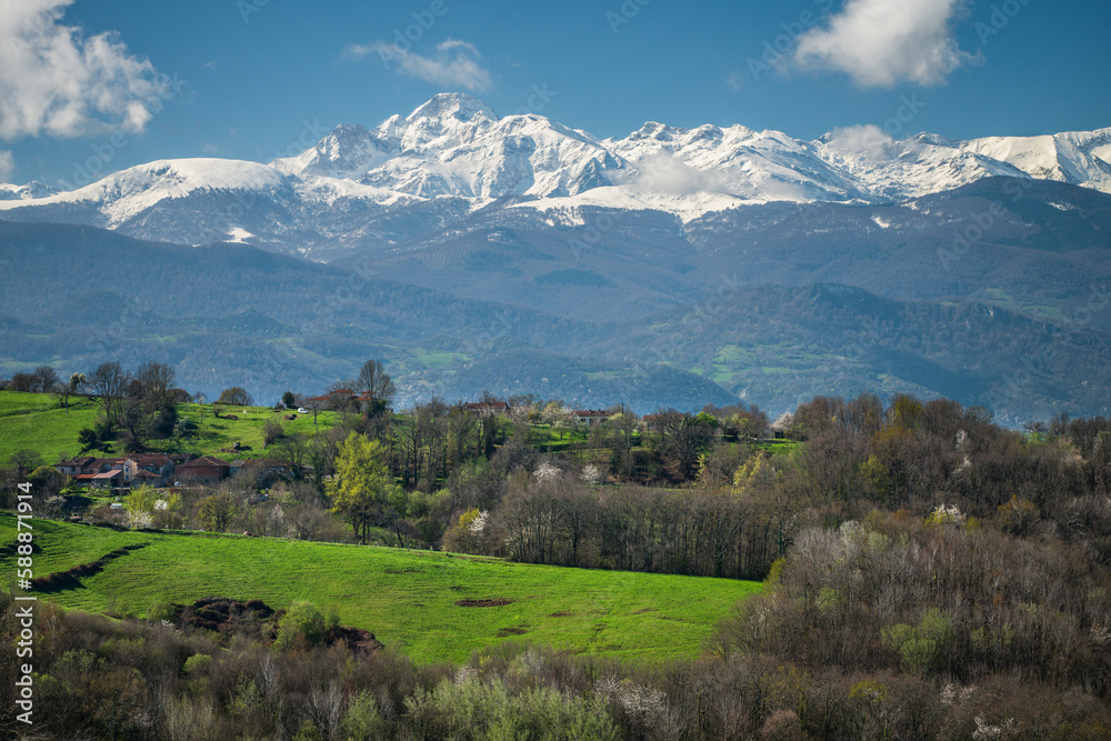 Snow capped Pyrenees seen from the foothills Snow capped Pyrenees seen from the foothills