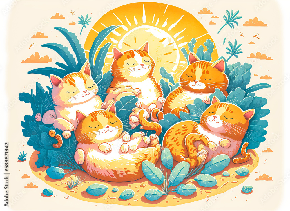 Fototapeta premium Cats lounging in the sun. Stylized style with warm, bright and cheerful colors, expressive and fluffy details. Generative AI