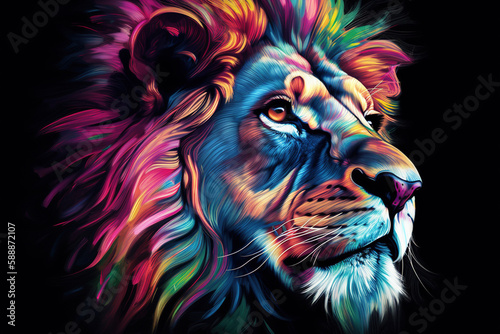 Iridescent colorful head of lion  portrait of predatory cat on dark background. Generative AI illustration