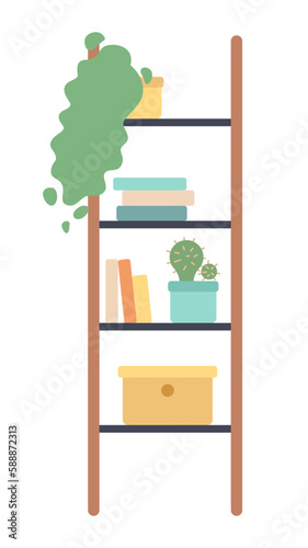 Ladder shelves with books and houseplants semi flat color vector object. Editable icon. Full sized element on white. Simple cartoon style spot illustration for web graphic design and animation