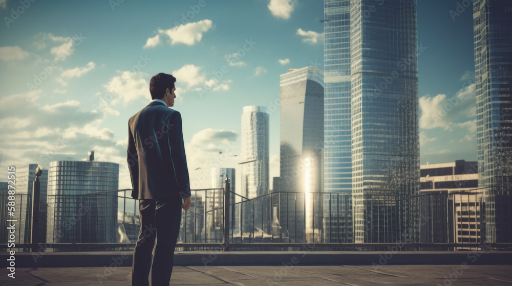 A businessman in an office with panoramic windows looks at the city, concept of success in business created with generative AI technology A businessman in an office with panoramic windows looks at the city, concept of success in business created with generative AI technology