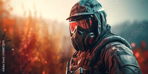 Masked Gaming Operator with Weapon. Color Highlights. Landscape. Helmet, Mask and Glasses. Gaming Background. Created by Generative AI