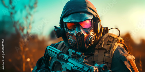 Masked Gaming Operator with Weapon. Color Highlights. Landscape. Helmet, Mask and Glasses. Gaming Background. Created by Generative AI