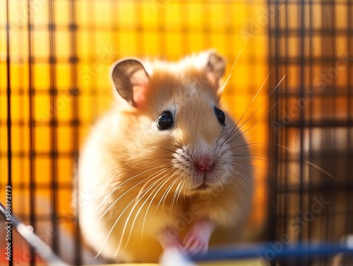 Hamster in a cage on a yellow background. Close-up.