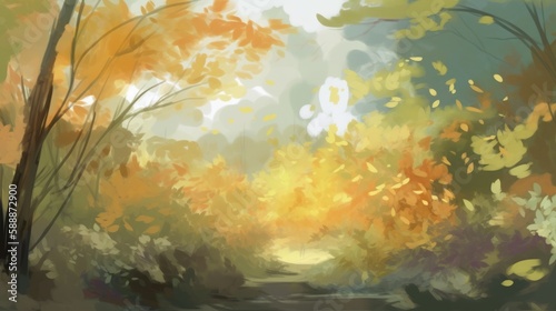 A beautiful digitally illustrated nature background with foliage and open space in a painterly style. Generative AI. 