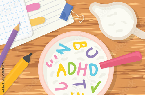 ADHD (Attention Deficit Hyperactivity Disorder) written with colorful breakfast corn flakes - vector illustration
